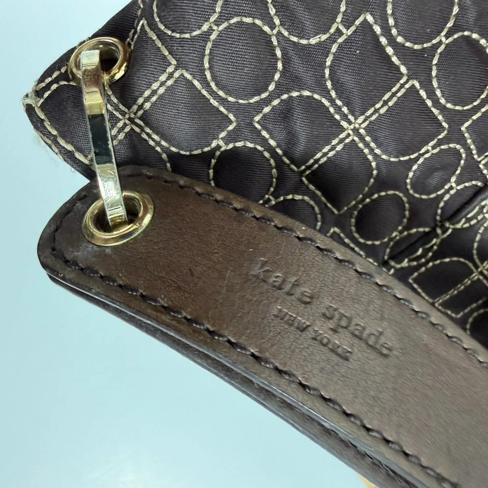 Kate Spade Womens Brown Quilted Nylon Shoulder Bag Hobo Drawstring Geometric